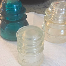 Lot of 3 Vintage Glass Insulators - 2 Clear and 1 Aqua Blue Line Set picture