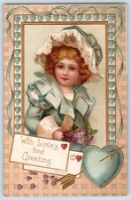 1907-10's VALENTINE LOVE'S GREETING GREEN HEARTS EMBOSSED VICTORIAN POSTCARD picture