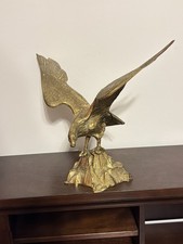 vintage mid-century brass bald eagle sculpture with outstretched wings perched picture