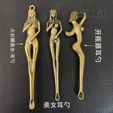 3PC Exquisite Old Brass Carving Beautiful Naked Woman Ear Spoon picture