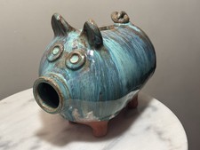 Vintage Studio Art Pottery Piggy Bank Blue Drip Glaze Signed Folk Art Ceramic picture