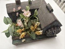 Vintage Resin Water Mill Music Box with Faux Floral Arrangement.  Windmill Turns picture