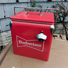 Budweiser Red Metal Beer Cooler w/ Bottle Opener & Carry Handle, Breweriana  picture