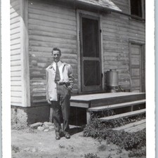 c1940s Young Man Loafer Coat Vintage Tie Fashion Snapshot Photo House 5