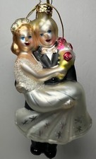 Vintage SCF Blonde Bride & Groom Embellished Glass Ornament picture