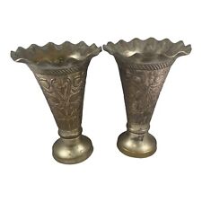 Set Of 2 Vintage Brass  Etched Embossed Fluted Vases Made In India picture