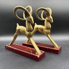 2x Vintage San Pacific Art Deco Brass Gazelle Antelope on Wooden Platform 1970s picture