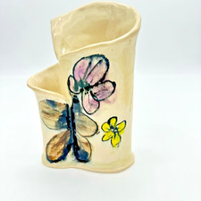 Vtg Studio Art Pottery Signed Double Vase Asymmetrical Hand-Painted Floral Moder picture