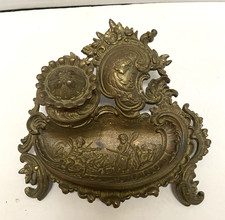 Antique Ornate Brass Rococo Revival Single Inkwell Desk Stand Cherub Putti Scene picture