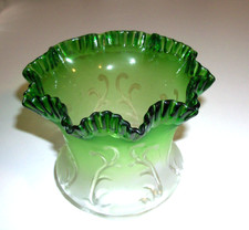 Antique Victorian Acid Etched Clear To Green Ruffled Glass Lamp Sconce Shade picture