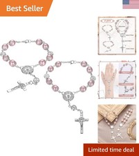 Elegant 2 Pcs Pink Car Rosary Set with Saint Benedict Cross for Rearview Mirror picture