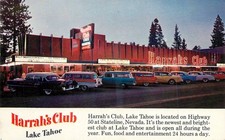 Harrah's Club Lake Tahoe Stateline Nevada Casino Postcard 1950s autos neon picture
