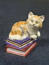Vintage Cat on Books Enamel Bejeweled Trinket Box. picture