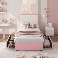 Twin XL LED Bed Frame with Storage Drawers, Wave Headboard, Pink picture
