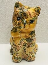 Vintage Folk Art Ceramic Glazed Fabric Decoupage Floral Cat Figurine 7”x 6” picture