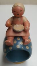 Vintage Wooden Figural Napkin Ring Child Eating From A Bowl Blue Spotted Ring AF picture