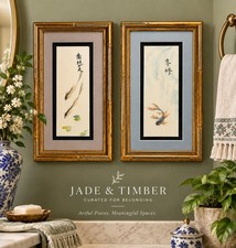 Pair Framed Koi Fish Art Asian Watercolor Style Gold Bamboo Frames 11
