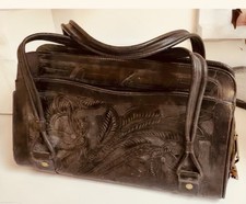 Vintage Mexican Black Hand Tooled Leather Handbag Western Floral Satchel Purse picture