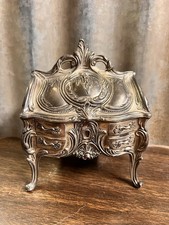 Antique French Art Nouveau Pewter Jewelry Casket Trinket Box doll Secretary picture