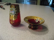 Murano Cranberry Glass Trefuochi Raised Flower Hand Painted Glass & Trinket Dish picture