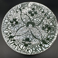 Vintage Enamel on Copper Floral Plate Modern Art Green White Geometric Art 5.75” picture