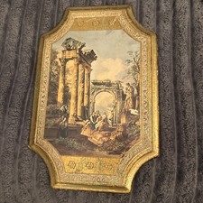 Vintage Wood Wall Plaque Classical Ruins Gold Green Rococo Italianate Decor picture