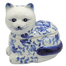 Blue Floral Cat Kitty Kitten Lidded Trinket Vanity Dresser Jewelry Dish Box picture