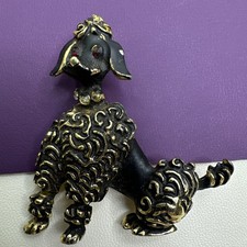 Vintage Poodle Gold Tone Black Red eyes Dog Animal Rhinestone Collar picture