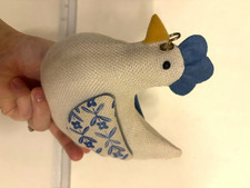 Fabric Chicken Figurine Blue & White Hen Figure w/ Floral Wing and Blue Comb picture