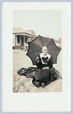 Antique c1910s RPPC Woman Beach Parasol Bathing Houses Photo Postcard -636 picture