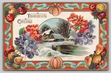 Vintage Thanksgiving Embossed Postcard Winter Scene Fruit Flowers Schoenberg picture