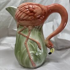 Vintage FLAMINGO Animal Figural PITCHER Ceramic 7.5” Green Pink Summer picture