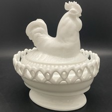 Imperial White Milk Glass Rooster on Nest Salt Cellar/Candy Dish c1960s USA 8