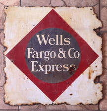 ANTIQUE 1930s VINTAGE DOUBLE SIDED PORCELAIN WELLS FARGO & CO EXPRESS SIGN picture
