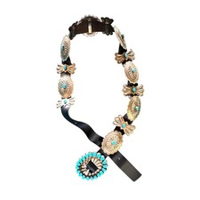 Vintage Navajo Silver Plated Metal & Turquoise Concho Belt picture