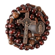Dark Red Beads & Olive Wood Mystery Beads Rosary Necklace with Miraculous Medal picture