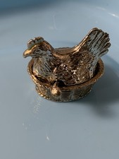 Vtg Hen On The Nest Salt Cellar w/Chick Spoon Brass Tone Metal Enamel Mini 2