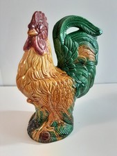 Vintage Ceramic Rooster Bright Green & Gold With Red Comb 11.5