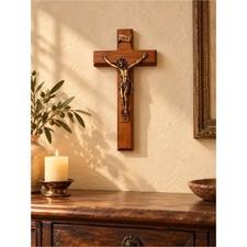 Vintage Made in USA Wood Crucifix Bronze Tone Jesus 10” picture