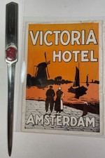ANTIQUE VICTORIA HOTEL AMSTERDAM METAL LETTER OPENER W/ENAMEL LOGO HOLLAND picture