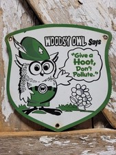 VINTAGE WOODSY OWL PORCELAIN SIGN OLD FOREST SERVICE PARK SMOKEY DONT POLLUTE picture
