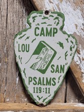 VINTAGE CAMP LOU SAN PORCELAIN SIGN OLD CHRISTIAN BIBLE CAMP LANCASTER PSALMS picture