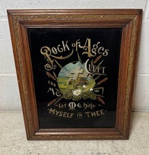 Antique Victorian Framed Reverse Painted Glass Foil Rock Of Ages Religious Decor picture