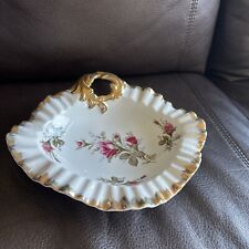 Vintage Moss Rose China Candy Dish Japan #28/6M Scalloped Gold Rim W/ Handle picture