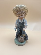 Ceramic Boy Fishing Figurine Straw Hat Overalls with Fish and Pot picture
