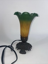 Vintage Meyda Tiffany Style Amber Green Pond Lily Accent Lamps - Bronze picture