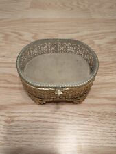 Vintage Gold Plated Jewelry Casket Stylebuilt Accessories Beveled Glass Top  picture