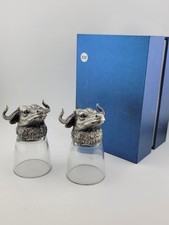 Vintage pair of water buffalo Metal And crystal 3&1/2 inch cups in fitted box. picture
