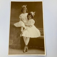Edwardian Era Two Girls Ballerina Photograph Formal Dresses Bows Mounted Photo picture