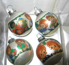 1974 Hallmark Raggedy Ann & Andy Miniature Glass Ball Christmas Ornaments Set/4 picture